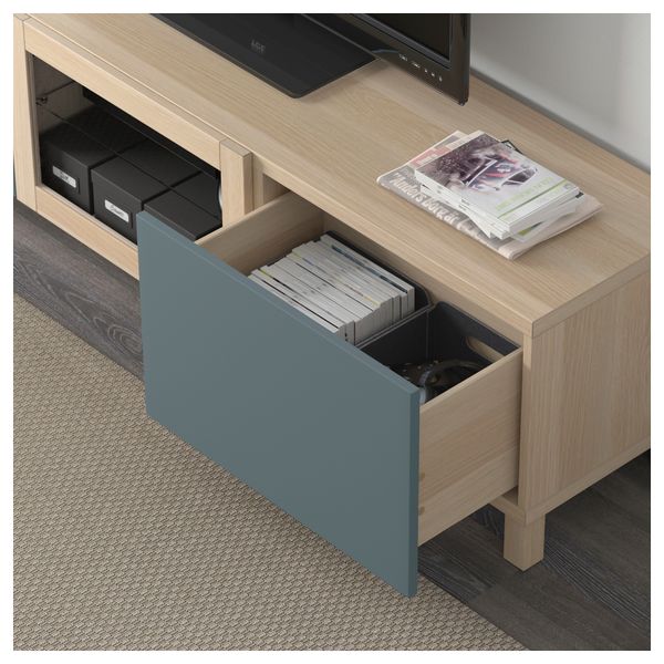 Тумба под ТВ с ящиками и дверцей БЕСТО, под беленый дуб, Вальвикен серо-бирюзовый, прозрачное стекло (180x40x48 см) - фото 4