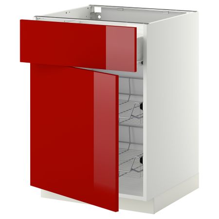 Напольный шкаф с проволочной корзиной, ящиком, дверью МЕТОД / ФОРВАРА, белый, Рингульт красный