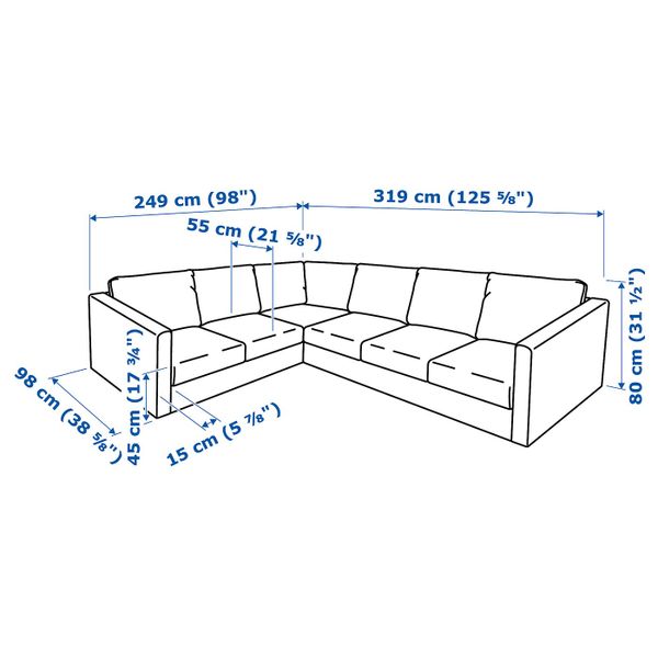 5-местный угловой диван, Гуннаред бежевый IKEA ВИМЛЕ 492.114.64 - схема-чертеж с размерами