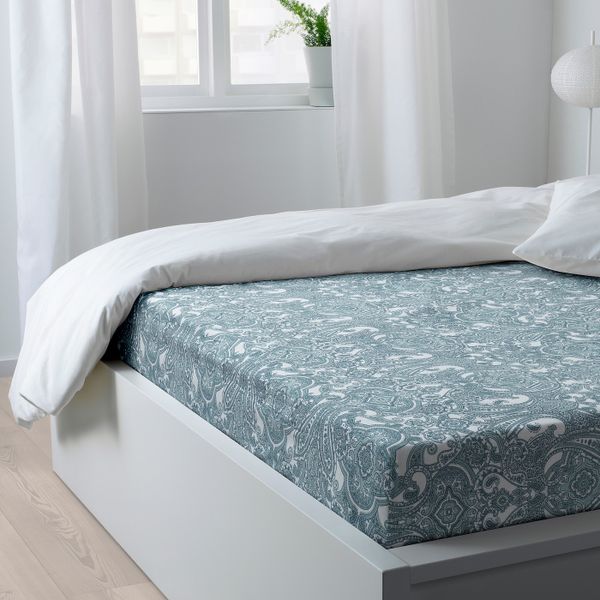 Простыня натяжная, белый, синий 140x200 см IKEA JÄTTEVALLMO ЙЭТТЕВАЛЛМО 704.366.02 - схема-чертеж с размерами