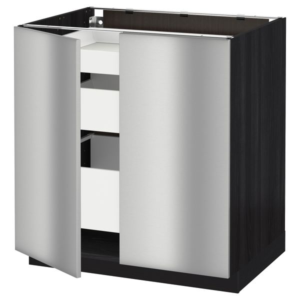 Напольный шкаф с 2 дверцами, 3 ящиками МЕТОД / МАКСИМЕРА, черный, Гревста нержавеющ сталь (80x60 см) - схема-чертеж с размерами