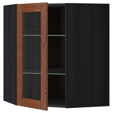 Угловой навесной шкаф с полками, стекляными дверцами МЕТОД, черный, Филипстад коричневый