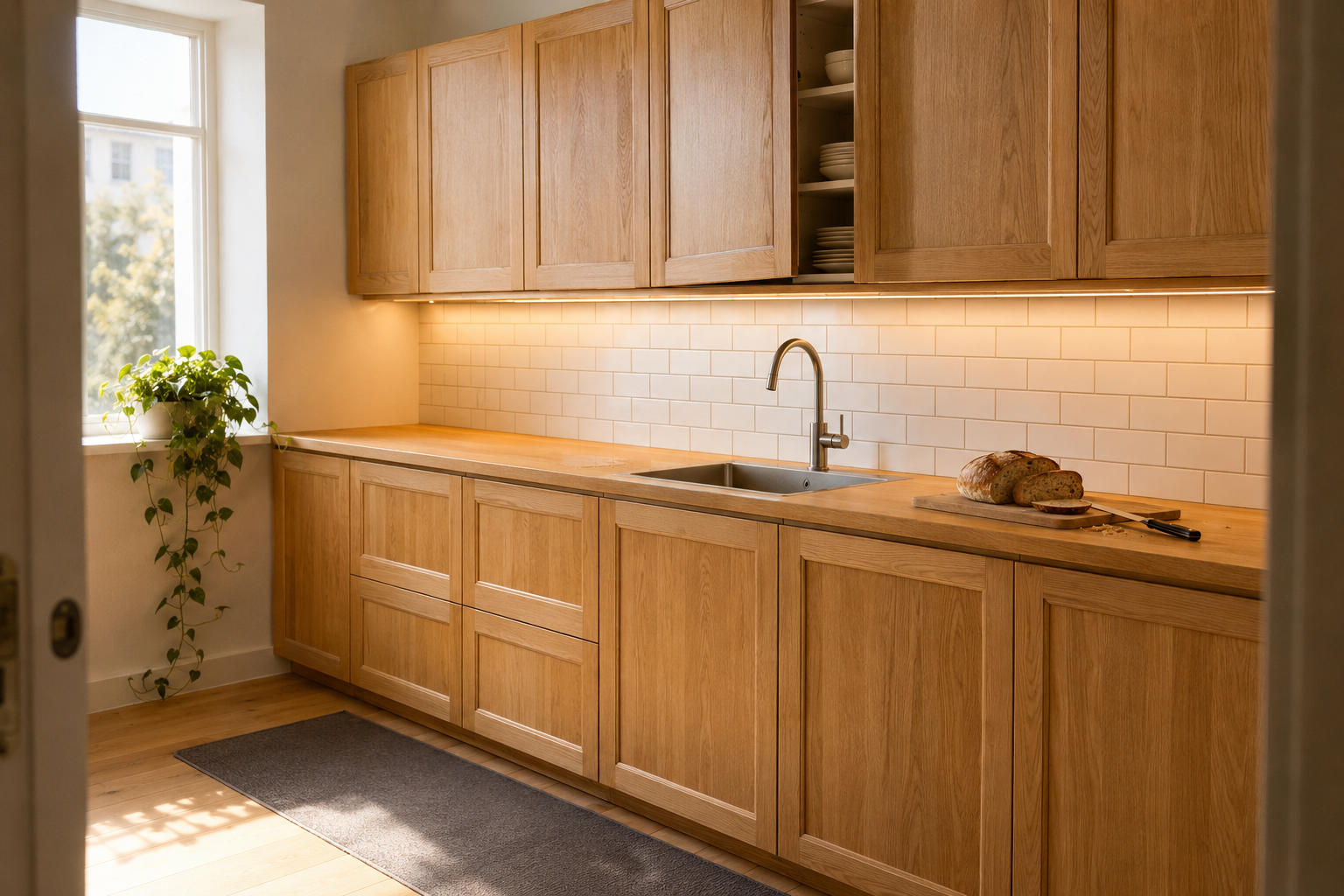 Кухня IKEA METOD с фасадами FORSBACKA из шпонированного дуба, натуральная текстура дерева на светлом фоне