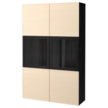 Комбинация для хранения со стеклянными дверцами БЕСТО, черно-коричневый, Инвикен ясеневый шпон (120x40x192 см)