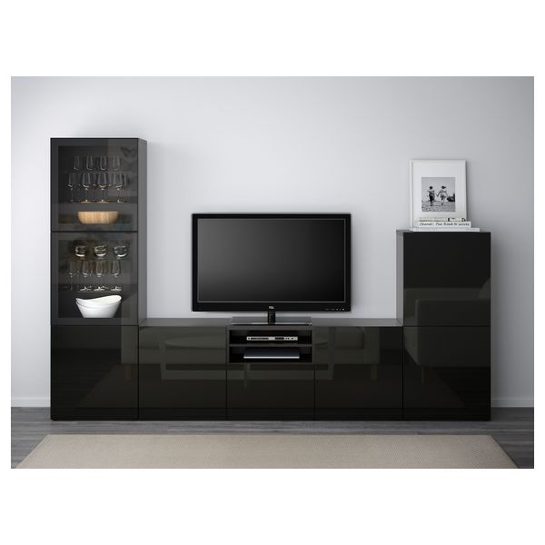 Шкаф для ТВ, комбинированный, стекляные дверцы БЕСТО, черно-коричневый, Сельсвикен глянцевый/черный прозрачное стекло - фото 2