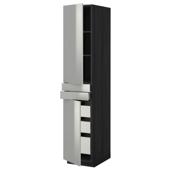 Высокий шкаф + полки, 5 ящиков, 2 дверцы, 2 фронтальных МЕТОД / МАКСИМЕРА, черный, Гревста нержавеющ сталь - фото 1