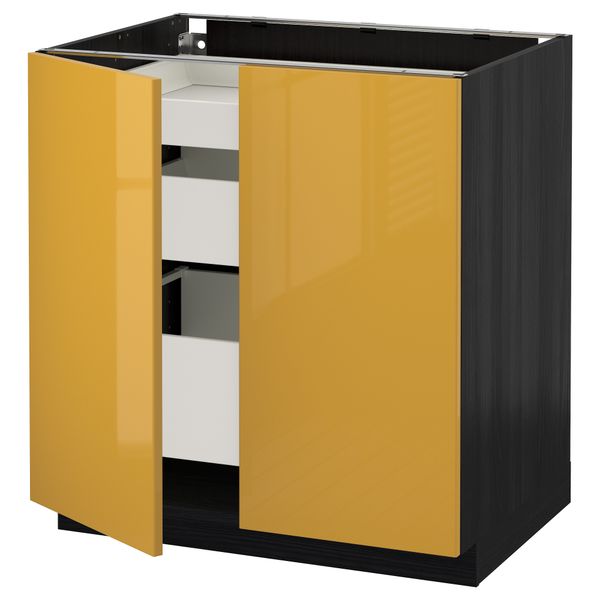 Напольный шкаф с 2 дверцами, 3 ящиками МЕТОД / МАКСИМЕРА, черный, Ерста желтый (80x60 см) - схема-чертеж с размерами