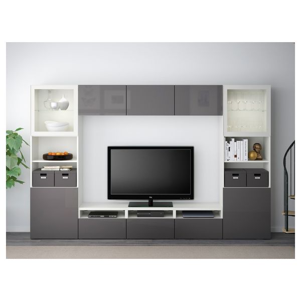 Шкаф для ТВ, комбинированный, стекляные дверцы БЕСТО, белый, Сельсвикен глянцевый/серый прозрачное стекло (300x40x192 см) - фото 2