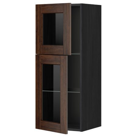 Навесной шкаф с полками, 2 стекло дверцы МЕТОД, черный, Эдсерум коричневый (40x100 см)