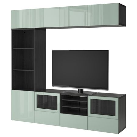 Шкаф для ТВ, комбинированный, стекляные дверцы, черно-коричневый Сельсвикен, глянцевый/серо-зеленый светлый прозрачное стекло,