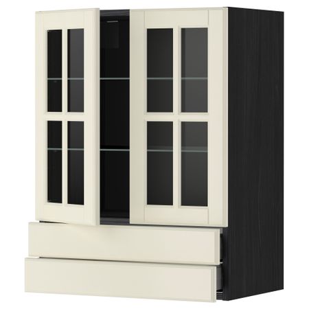 Навесной шкаф, 2 стеклянные дверцы, 2 ящика МЕТОД / МАКСИМЕРА, черный, Будбин белый с оттенком