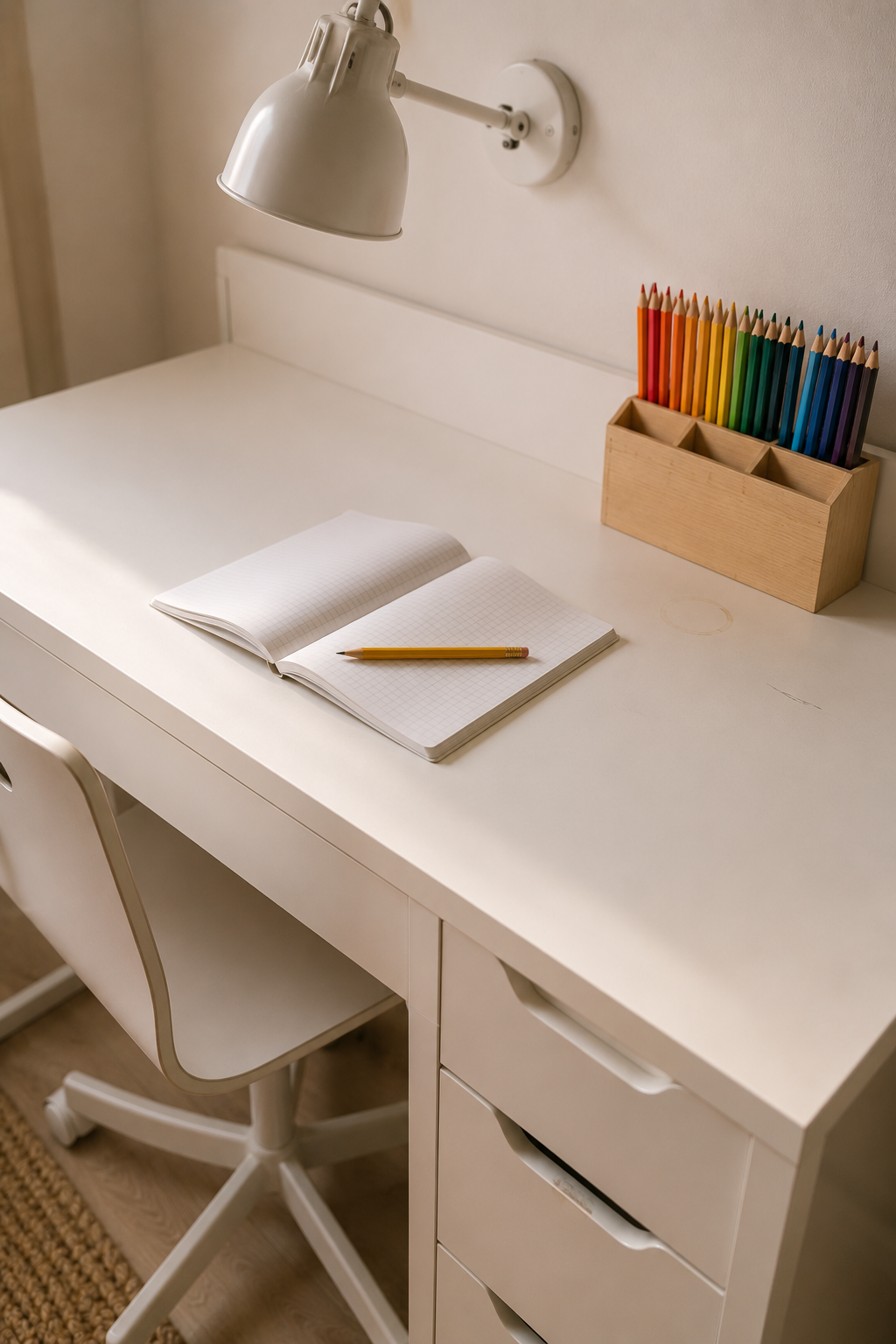Письменный стол IKEA MICKE белый 105×50 см крупным планом — задняя панель скрывает провода, глубина 50 см