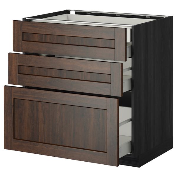 Напольный шкаф 3 фронтальные панели, 2 низких, 1 средний, 1 встроенный ящ, черный/Эдсерум коричневый 80x60 см IKEA МЕТОД / - фото 1