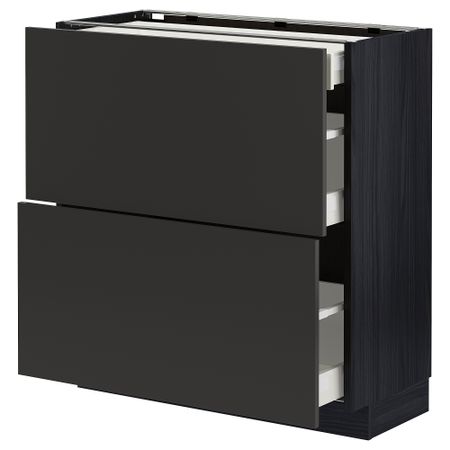 Напольный шкаф, 2 фасада, 3 ящика, черный, Nickebo матовый антрацит, 80x37 см IKEA METOD МЕТОД, MAXIMERA МАКСИМЕРА 694.985.68