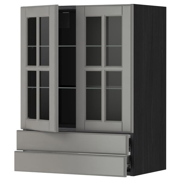 Навесной шкаф, 2 стеклянные дверцы, 2 ящика МЕТОД / ФОРВАРА, черный, Будбин серый - фото 1