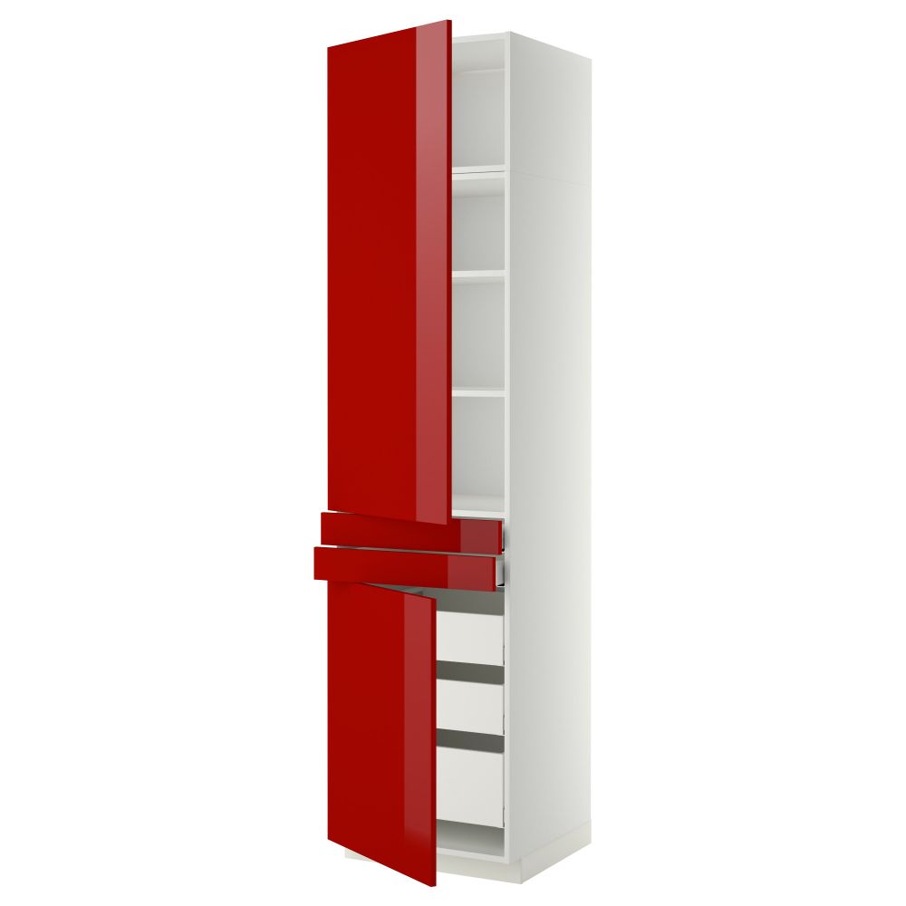 Высокий шкаф + полки, 5 ящиков, 2 дверцы, 2 фронтальных МЕТОД / МАКСИМЕРА, белый, Рингульт красный - схема-чертеж с размерами