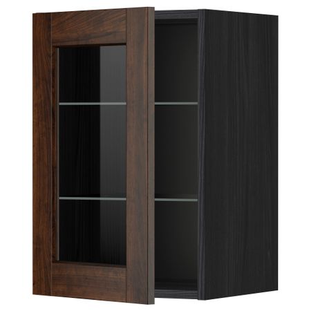 Навесной шкаф с полками, стекляными дверцы МЕТОД, черный, Эдсерум коричневый