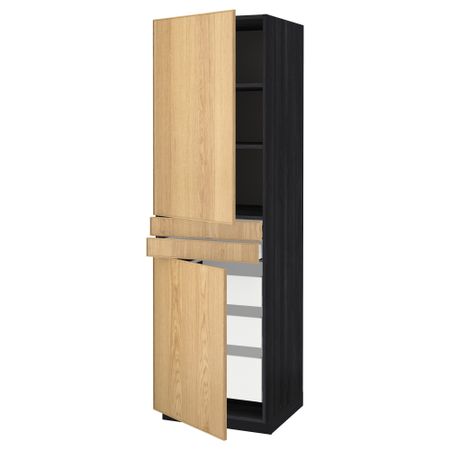 Высокий шкаф + полки, 5 ящиков, 2 дверцы, 2 фронтальных МЕТОД / МАКСИМЕРА, черный, Экестад дуб