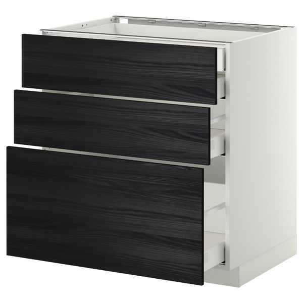 Напольный шкаф 3 фронтальные панели, 2 низких, 1 средний, 1 встроенный ящ, белый, Тингсрид черный 80x60 см IKEA МЕТОД / - фото 1