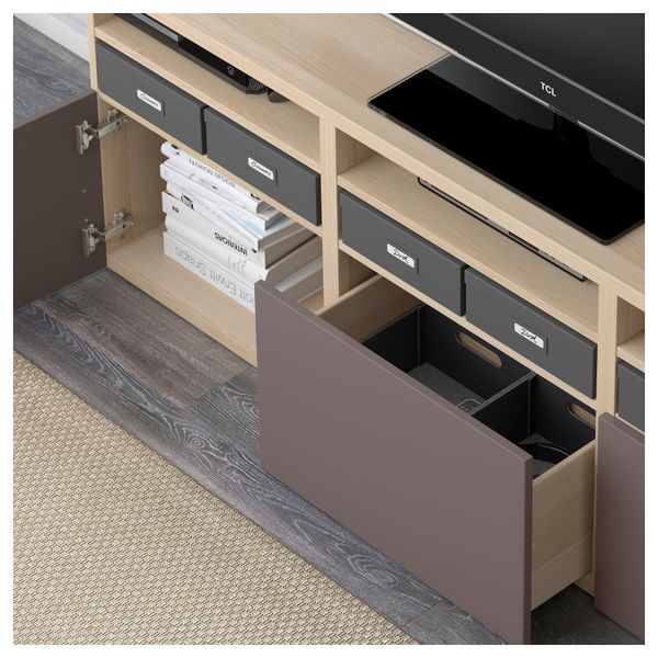 Шкаф для ТВ, комбинированный, стекляные дверцы БЕСТО, под беленый дуб, Вальвикен темно-коричневый, прозрачное стекло (180x40x192 - фото 3