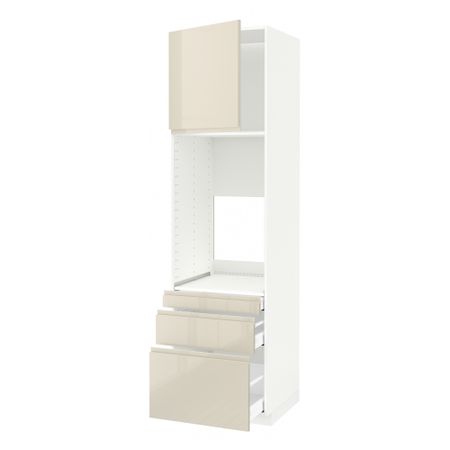 Высокий шкаф для двойной духовки, 3 ящика, дверца МЕТОД / МАКСИМЕРА, белый, Воксторп глянцевый светло-бежевый