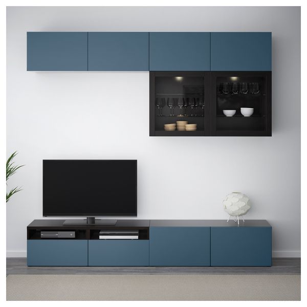 Шкаф для ТВ, комбинированный, стекляные дверцы БЕСТО, черно-коричневый Вальвикен, темно-синий прозрачное стекло (240x40x230 см) - фото 2