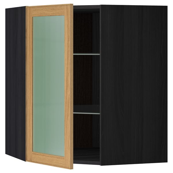 Угловой навесной шкаф с полками, стекляными дверцами МЕТОД, черный, Экестад дуб - схема-чертеж с размерами