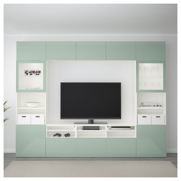 Шкаф для ТВ, комбинированный, стекляные дверцы БЕСТО, белый Сельсвикен, глянцевый/серо-зеленый светлый прозрачное стекло - фото 2