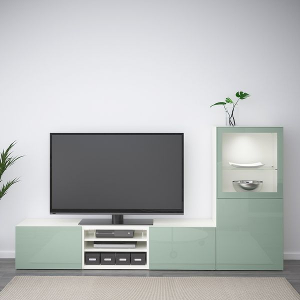 Шкаф для ТВ, комбинированный, стекляные дверцы, белый Сельсвикен, глянцевый/серо-зеленый светлый прозрачное стекло, 240x40x128 - фото 2