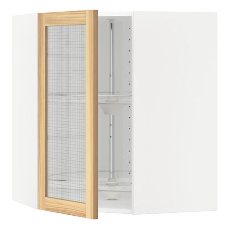 Угловой навесной шкаф с вращающейся секция, стеклянная дв, белый/Торхэмн ясень 68x80 см IKEA METOD МЕТОД 792.260.58