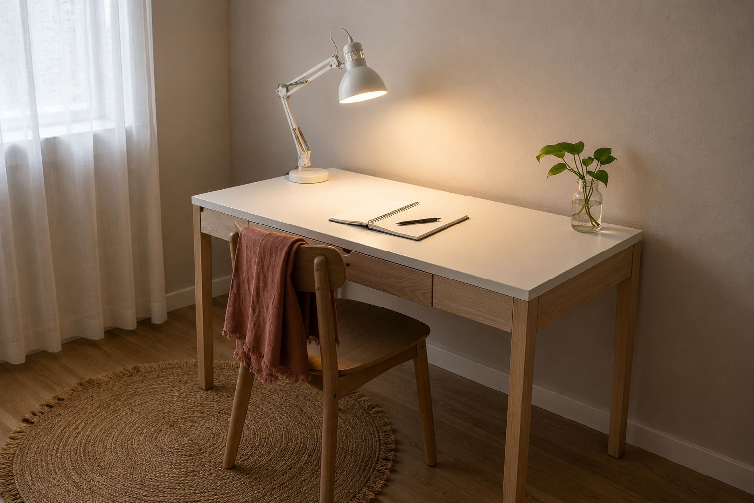 Рабочий уголок студента с LED-лампой IKEA KORVSNÖRE, ноутбуку и стопкой учебников