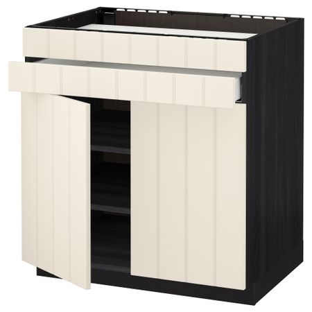 Напольный шкаф для варочной панели, 2 ящика, 2 фасада, 1 ящик МЕТОД / МАКСИМЕРА, черный, Хитарп белый с оттенком (80x60 см)