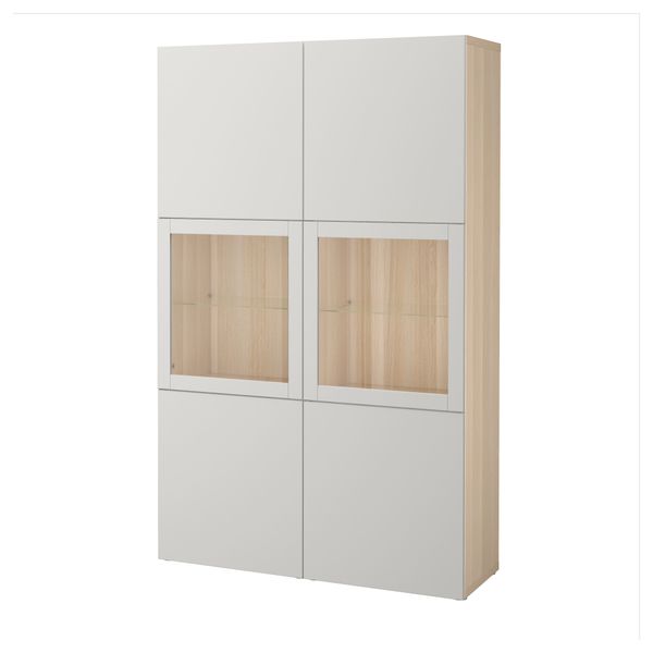 Комбинация для хранения со стеклянными дверцами БЕСТО, под беленый дуб, Лаппвикен светло-серый прозрачное стекло (120x40x192 см) - фото 1