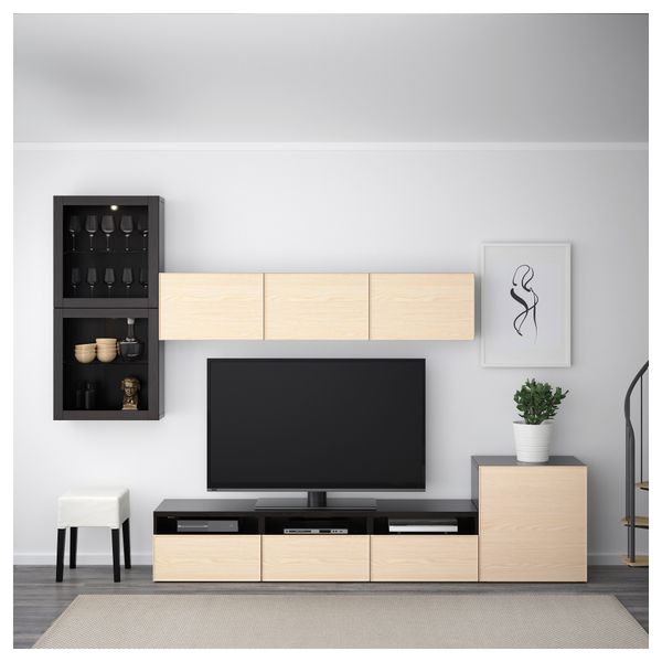 Шкаф для ТВ, комбинированный, стекляные дверцы БЕСТО, черно-коричневый Синдвик, Инвикен ясеневый шпон (300x20/40x211 см) - фото 2