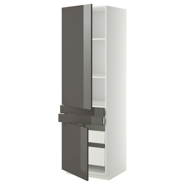 Высокий шкаф + полки, 4 ящик, 2 двери, 2 фронтальные МЕТОД / МАКСИМЕРА, белый, Рингульт серый (60x60x200 см) - фото 1