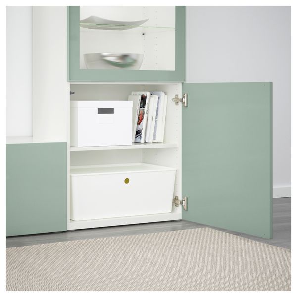 Шкаф для ТВ, комбинированный, стекляные дверцы БЕСТО, белый Сельсвикен, глянцевый/серо-зеленый светлый прозрачное стекло - фото 3