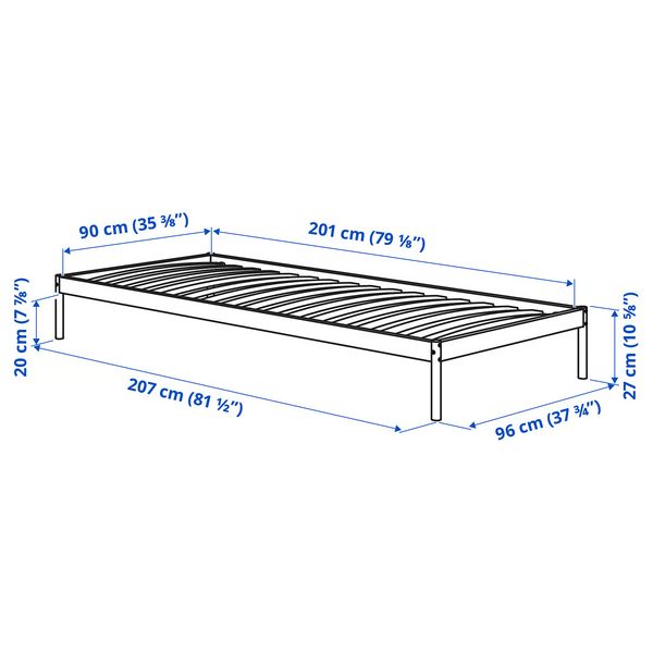 VEVELSTAD Каркас кровати с 1 изголовьем - белый/Tolkning ротанг 90x200 см - схема-чертеж с размерами