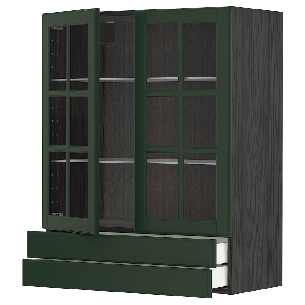 Навесной шкаф, 2 стеклянные дверцы, 2 ящика, черный/Будбин темно-зеленый 80x100 см IKEA МЕТОД / МАКСИМЕРА 593.134.38 - схема-чертеж с размерами