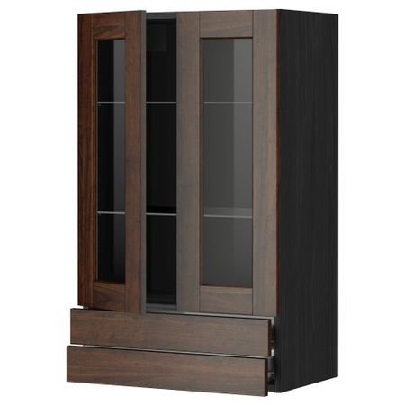 Навесной шкаф, 2 стеклянные дверцы, 2 ящика МЕТОД / ФОРВАРА, черный, Эдсерум коричневый