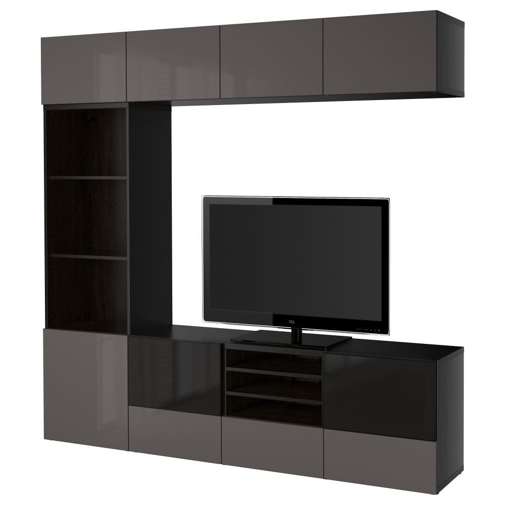 Шкаф для ТВ, комбинированный, стекляные дверцы БЕСТО, черно-коричневый, Сельсвикен глянцевый/серый дымчатое стекло (240x40x230 - фото 1