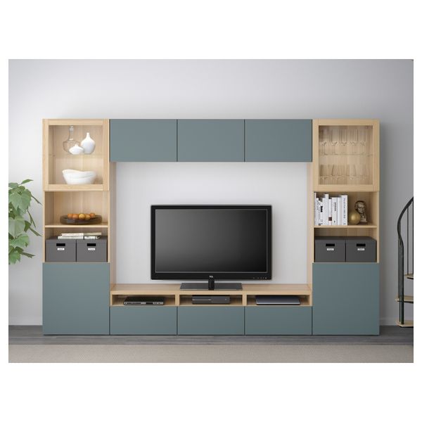 Шкаф для ТВ, комбинированный, стекляные дверцы БЕСТО, под беленый дуб, Вальвикен серо-бирюзовый, прозрачное стекло (300x40x192 - схема-чертеж с размерами