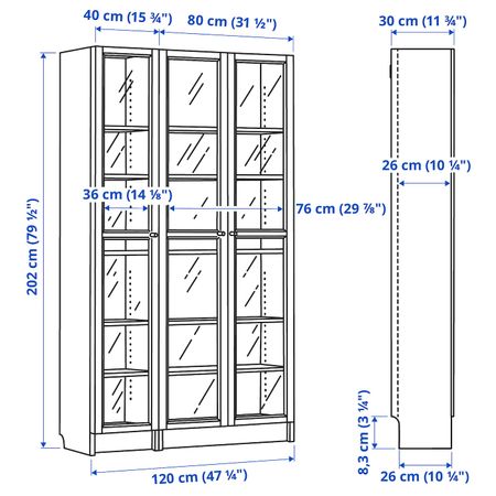 Шкаф книжный со стеклянными дверьми, дубовый шпон, беленый 120x30x202 см IKEA BILLY БИЛЛИ / OXBERG ОКСБЕРГ 892.818.03