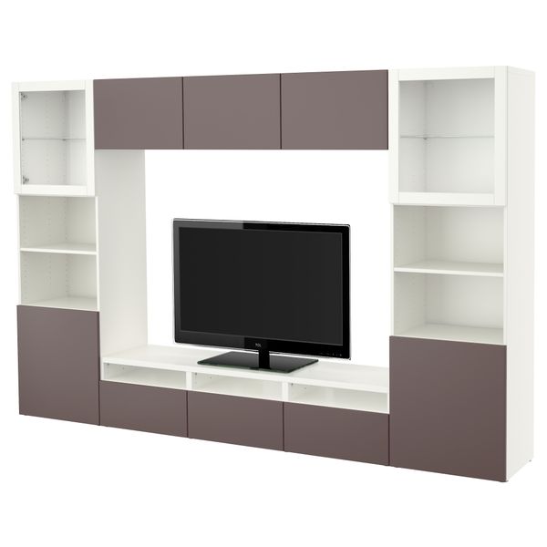 Шкаф для ТВ, комбинированный, стекляные дверцы БЕСТО, белый, Вальвикен темно-коричневый, прозрачное стекло (300x40x192 см) - фото 1