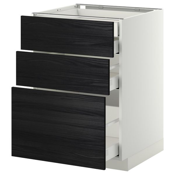 Напольный шкаф 3 фронтальные панели, 2 низких, 1 средний, 1 встроенный ящ, белый, Тингсрид черный 60x60 см IKEA МЕТОД / - фото 1
