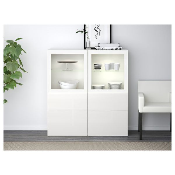 Комбинация для хранения со стеклянными дверцами БЕСТО, белый, Сельсвикен глянцевый/белый прозрачное стекло (120x40x128 см) - фото 2