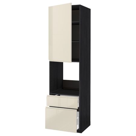 Высокий шкаф для духовки + дверца, 2 фронтальные панели, 1 средняя, 1 встроенный ящ, черный, Воксторп глянцевый светло-бежевый