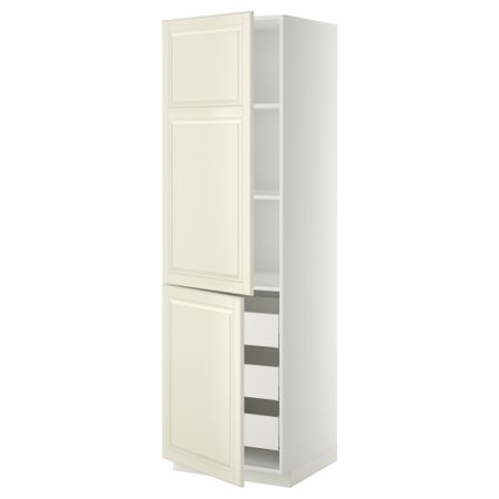 Высокий шкаф + полки, 3 ящика, 2 дверцы МЕТОД / МАКСИМЕРА, белый, Будбин белый с оттенком
