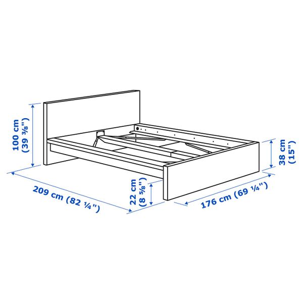 Каркас кровати, коричневая морилка ясеневый шпон/Лурой 160x200 см IKEA MALM МАЛЬМ 092.108.95 - схема-чертеж с размерами