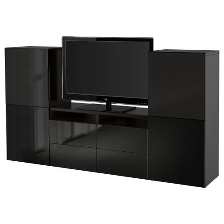 Шкаф для ТВ, комбинированный, стекляные дверцы БЕСТО, черно-коричневый, Сельсвикен глянцевый/черный дымчатое стекло (240x40x128