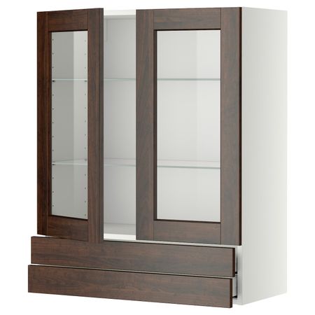 Навесной шкаф, 2 стекло двери/2 ящика, белый/Эдсерум коричневый 80x100 см IKEA METOD МЕТОД / MAXIMERA МАКСИМЕРА 694.463.86